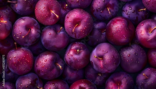 Ripe purple plums with water drops close-up. Seamless pattern