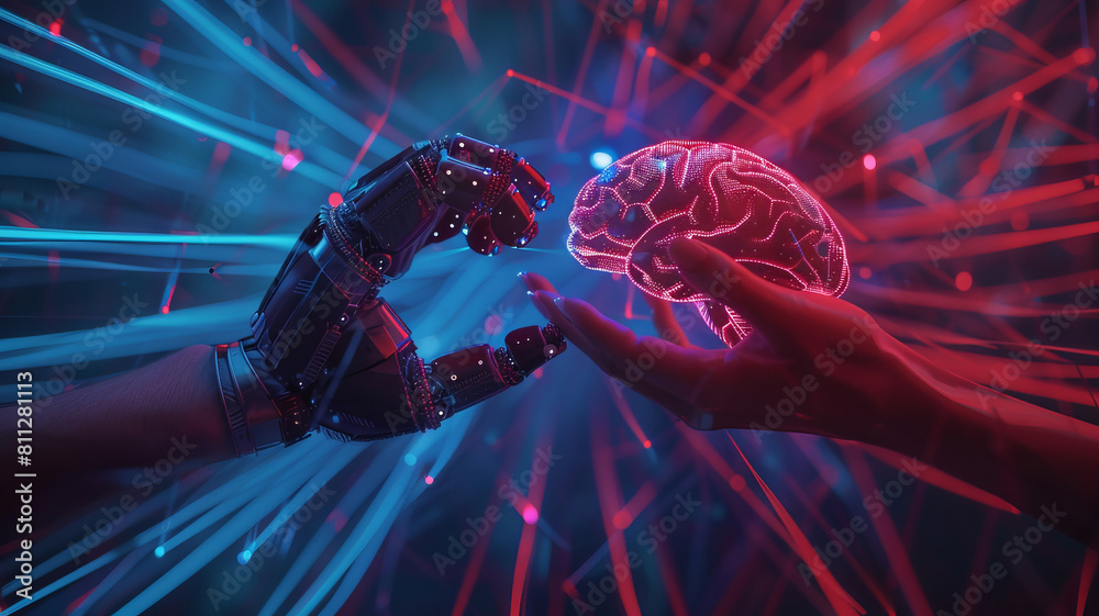 Fototapeta premium Futuristic Brain Interface with Human and Robot Interaction in Cyberspace with cyber 5g technology, background neon light