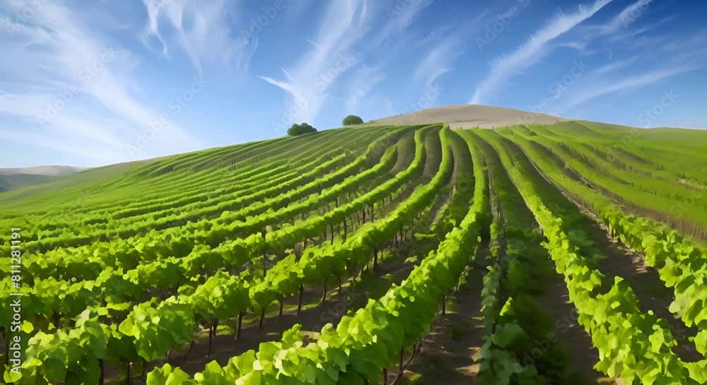 Vineyard on sunny hills with neatly aligned rows of vines creating depth. Concept Vineyard, Sunny Hills, Neat Rows, Vines, Depth Vineyard on sunny hills with neatly aligned rows of vines creating depth. Concept Vineyard, Sunny Hills, Neat Rows, Vines, Depth