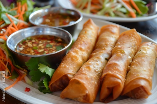 A white plate holds crispy spring rolls with a side bowl of dipping sauce, A mouthwatering display of crispy spring rolls served with a side of spicy peanut dipping sauce