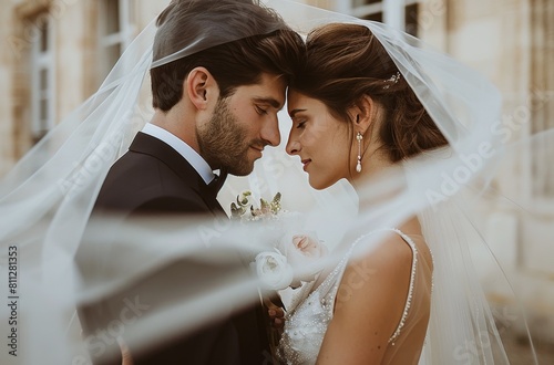 Bride and Groom Standing in Front of a Building