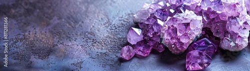 Luxurious Purple Gemstone Cluster on Concrete Background with Copy Space for Branding