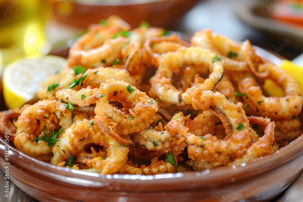 A bowl filled with fried food next to a lemon wedge, A mouthwatering view of a platter of golden fried calamari served with a side of lemon wedges