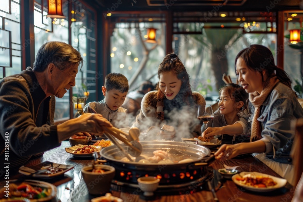 Multigenerational family enjoying a hot pot meal together around a wok filled with various dishes, A multigenerational family enjoying a hot pot meal together in a cozy Asian restaurant Multigenerational family enjoying a hot pot meal together around a wok filled with various dishes, A multigenerational family enjoying a hot pot meal together in a cozy Asian restaurant