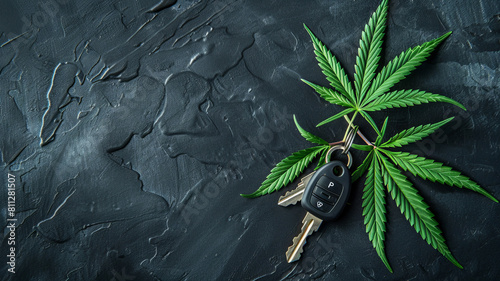 Cannabis marijuana Leaf and Car Keys, Representing Driving Under Influence. Concept dealership, transportation of drugs, hemp and leaves. photo