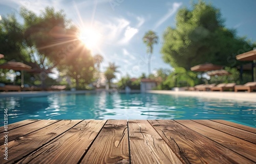 Serene Summer Setting  Sparkling Pool Reflection on Wooden Tabletop  Perfect for Promotions