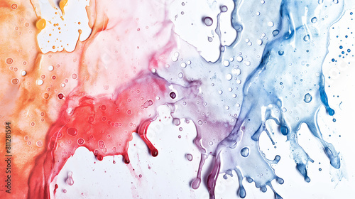 An artistic shot of watercolor paints being poured and splattered onto paper, with droplets and streaks creating dynamic patterns and textures. Dynamic and dramatic composition, wi photo