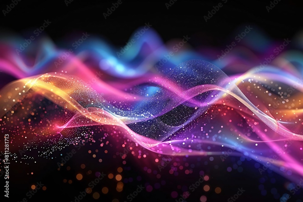 Vibrant Glowing Particles and Waves of Light on Black Background for Modern Technology Concepts