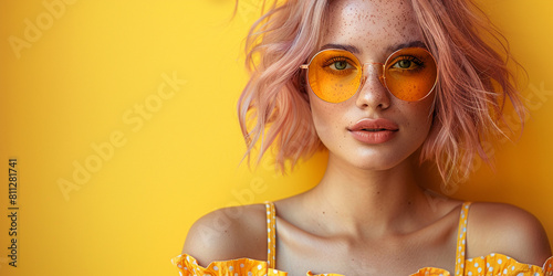 woman in sunglasses, pink hair. Image with copyspace and yellow background © Susana