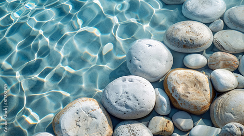 Serene Stones Caressed by Sunlight Ripples. Smooth large stones rest under clear, sun-drenched waters, creating a tranquil pattern. Relaxation and Serenity background. Copy space.