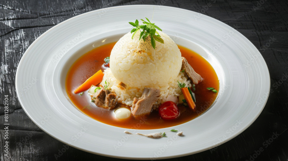 Authentic ghanaian light soup with rice, featuring tender meat, fresh vegetables, and aromatic herbs on a white plate
