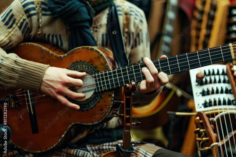 A person standing and holding a guitar in their hands, A musician playing a variety of instruments A person standing and holding a guitar in their hands, A musician playing a variety of instruments