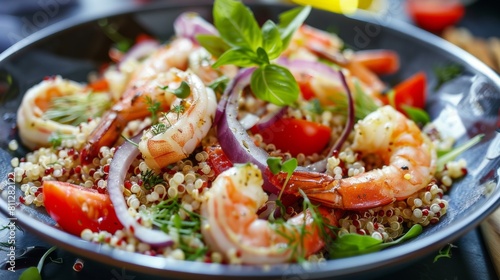 American cuisine. California quinoa salad with shrimp and crab.