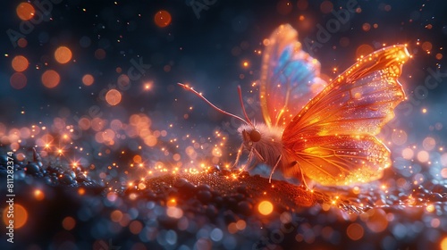   A high-resolution image of a butterfly perched on a wooden plank with a softly blurred backdrop of ambient light