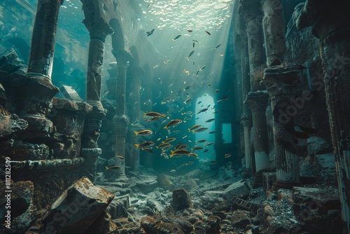 A large aquarium teeming with various species of fish swimming in schools  A mysterious underwater world with schools of fish swimming among ancient ruins