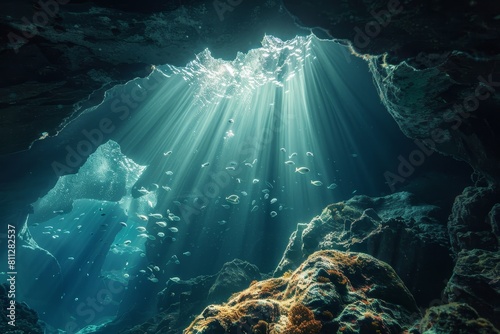 Sunlight shines through water into a cave, creating a mysterious and sparkling effect, A mysterious underwater cave filled with sparkling treasures