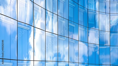 Reflective blue glass facade of a modern building with visible sky and clouds