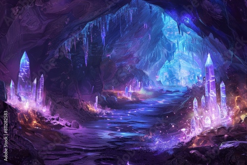 A cave filled with vibrant purple and blue water, surrounded by glowing crystals and twisting formations, A mystical cave with glowing crystals and twisting tunnels © Iftikhar alam