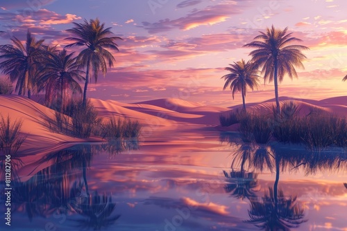 Palm Trees and Body of Water Painting, A mystical desert oasis with palm trees swaying in the breeze and a shimmering pool of water reflecting the endless sand dunes