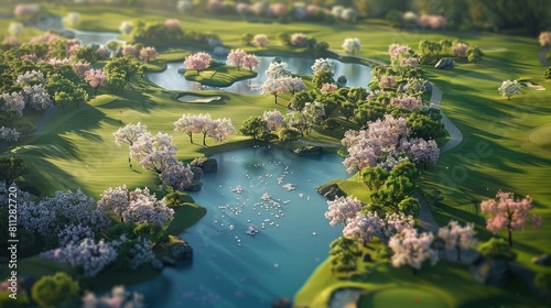 Aerial view of a pristine golf course, vibrant green fairways and azure blue water hazards, framed by flowering cherry blossom trees, late afternoon, long realistic