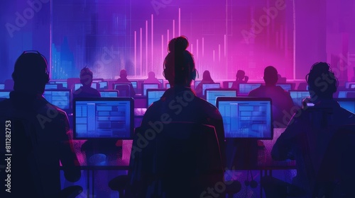 Group of people monitoring data in a cybersecurity center.
