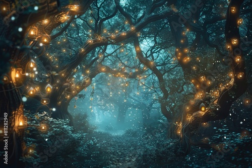 A forest filled with lights from fireflies, illuminating the trees in a mystical setting, A mystical forest with glowing fireflies and twisting vines