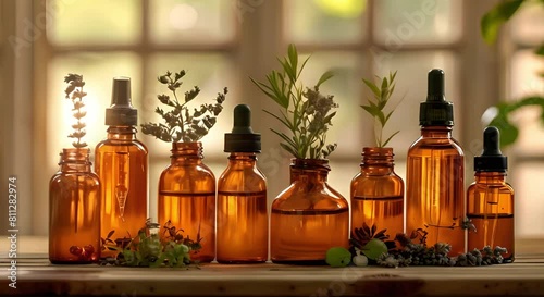 Homeopathy lab with plant extracts for health care on light background. Concept Health & Wellness, Homeopathy, Plant Extracts, Natural Remedies, Light Background photo