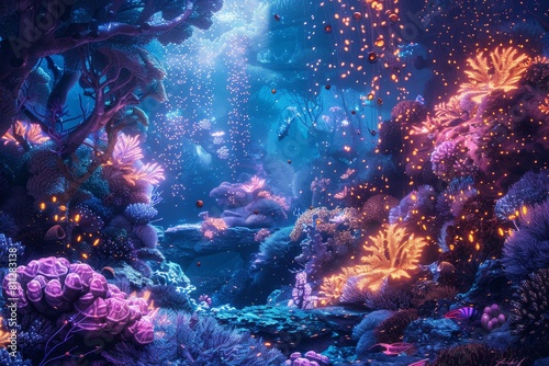 Vibrant Underwater Scene With Corals and Marine Life, A mystical underwater world shimmering with bioluminescent Christmas lights illuminating sea creatures and coral reefs
