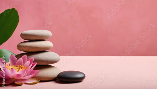 A pink flower rests atop a stack of rocks  contrasting colors and textures in a simple yet striking composition.