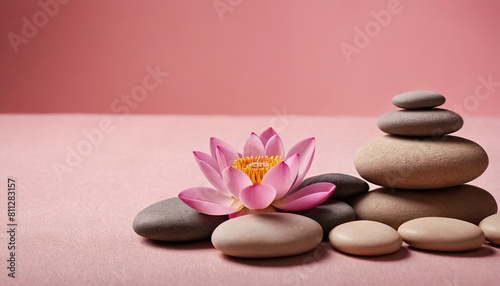 A pink flower rests atop a stack of rocks in this scene.