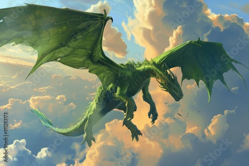 An awe-inspiring green dragon gracefully soars through a sky filled with fluffy clouds, A mythical green dragon soaring through the sky photo
