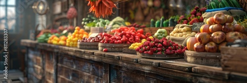 A bountiful display of fresh, locally grown produce at the market's wooden counter. © Neuraldesign