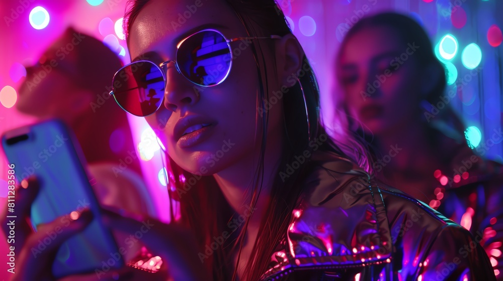 Portrait of a young woman with sunglasses using her smartphone in a nightclub with neon lights in the background Portrait of a young woman with sunglasses using her smartphone in a nightclub with neon lights in the background