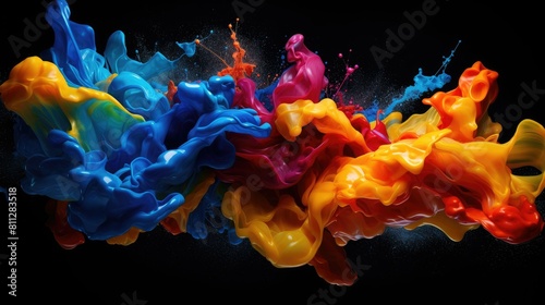 Macro shot of colorful paint splashes in motion