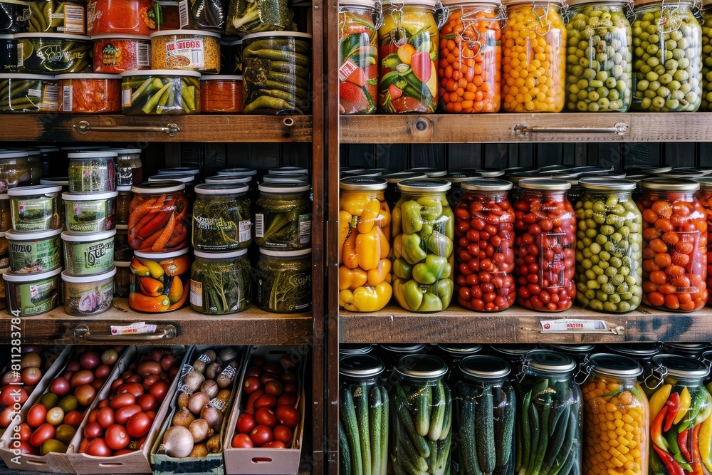 Store filled with a wide variety of fresh vegetables neatly arranged for sale, A neatly organized display of various canned vegetables Store filled with a wide variety of fresh vegetables neatly arranged for sale, A neatly organized display of various canned vegetables