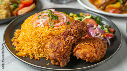 Authentic ghanaian jollof rice served with crispy fried chicken and fresh salad on a modern black plate, showcasing vibrant west african cuisine photo
