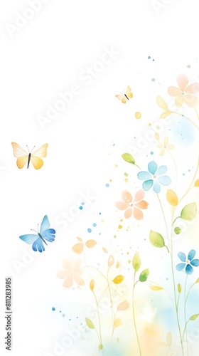Capture a birds-eye view of vibrant  fluttering butterflies in a spring meadow Portray delicate wings in vivid watercolor hues against a lush  sunlit natural backdrop