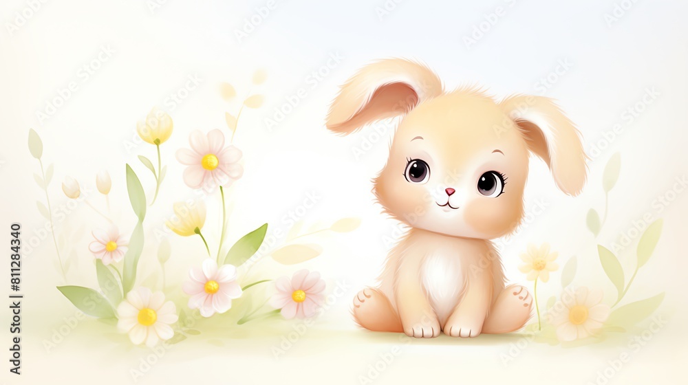 A baby rabbit at eye-level, surrounded by vibrant flowers in bloom A baby rabbit at eye-level, surrounded by vibrant flowers in bloom