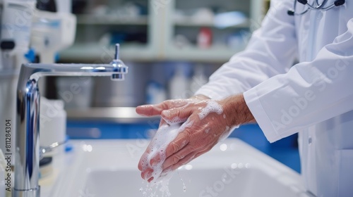 Senior male doctor thoroughly washing hands in a hospital sink  emphasizing hygiene and healthcare safety.