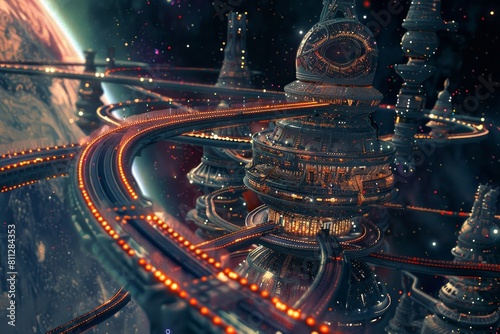 A futuristic city is surrounded by a space station, connected by electromag eeebaadea, in a bustling cosmic environment, A network of space colonies connected by electromagnetic rails