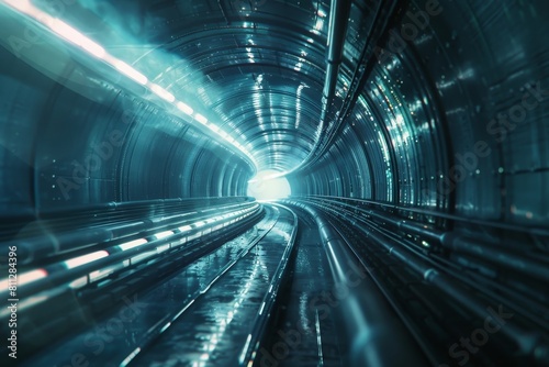 Underground tunnel leading to bright light at the end, A network of underground tunnels connecting futuristic cities photo