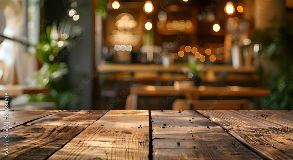 Blurry cafe background with a wooden table for product display or montage. Concept Cafe, Wooden Table, Product Display, Montage, Blurred Background Blurry cafe background with a wooden table for product display or montage. Concept Cafe, Wooden Table, Product Display, Montage, Blurred Background