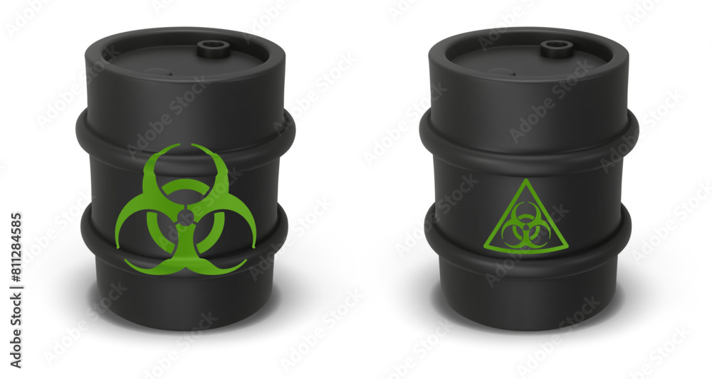 Set black round metal drum. 3D rendering. Vector illustration isolated on white. Barrel of toxic, radioactive waste. Dangerous chemical liquids, flammable gases, toxins, radiation. Biological hazard Set black round metal drum. 3D rendering. Vector illustration isolated on white. Barrel of toxic, radioactive waste. Dangerous chemical liquids, flammable gases, toxins, radiation. Biological hazard