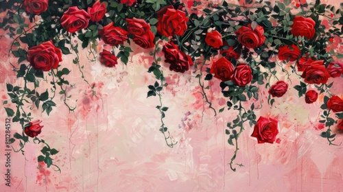 Gorgeous red roses gracefully cascading against a soft pink backdrop