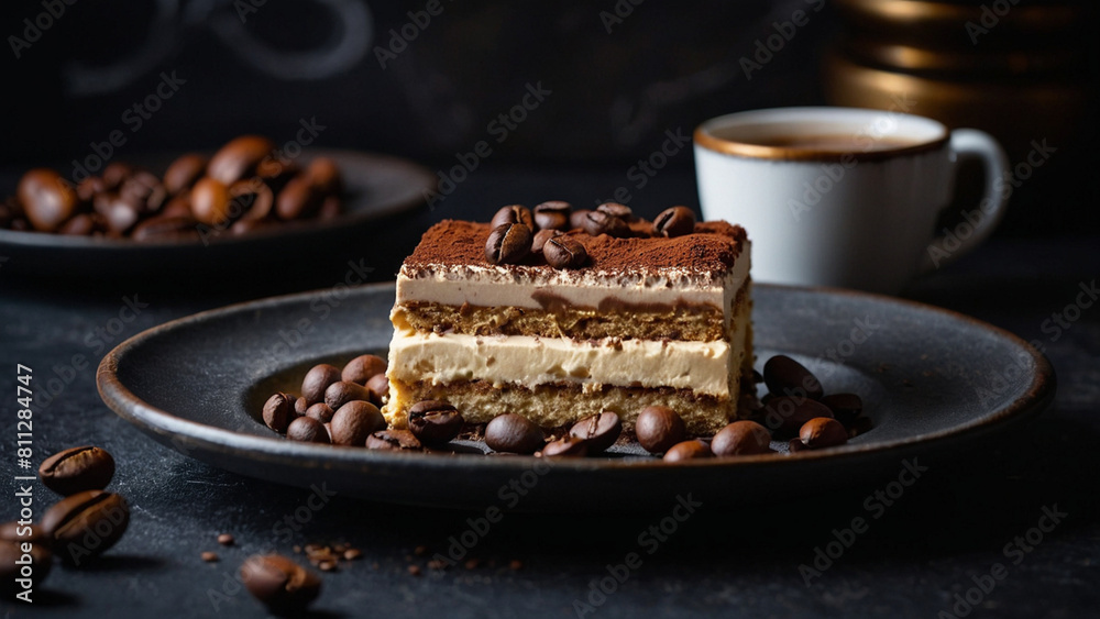 Baileys tiramisu served on dark moody table with coffee beans decoration Baileys tiramisu served on dark moody table with coffee beans decoration