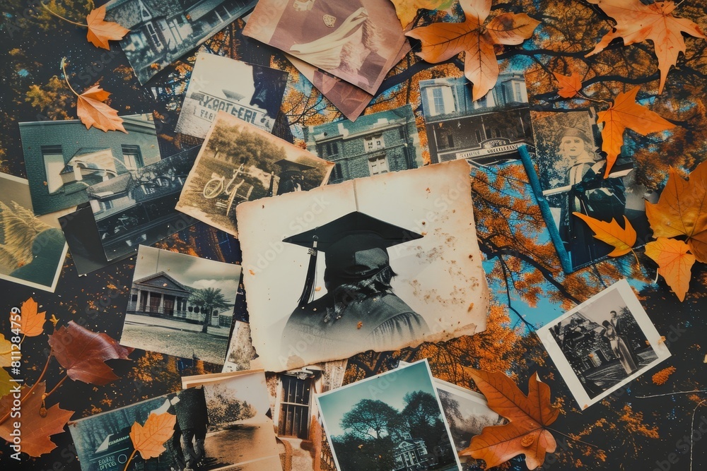 Obraz premium An arrangement of old photos capturing people holding umbrellas in various settings and poses, A nostalgic collage of photos from the graduate's academic journey