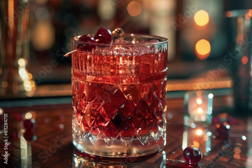 Glass filled with liquid and cherries placed on a table  A nostalgic and retro cocktail that channels the glitz and glamour of old Hollywood