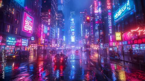 futuristic asian cityscape at night and rain, where neon-lit skyscrapers pierce the sky. The streets are bustling with hovercars, and holographic billboards display advertisements