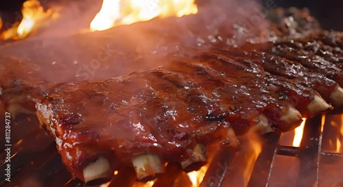 Closeup of sizzling pork ribs on a flaming grill. Concept Food Photography, BBQ Grilling, Flaming Grill, Meat Closeup, Delicious Ribs photo