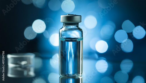 Glass vial with liquid drug. Vaccination concept. Vaccine for virus infection. Blue tones.